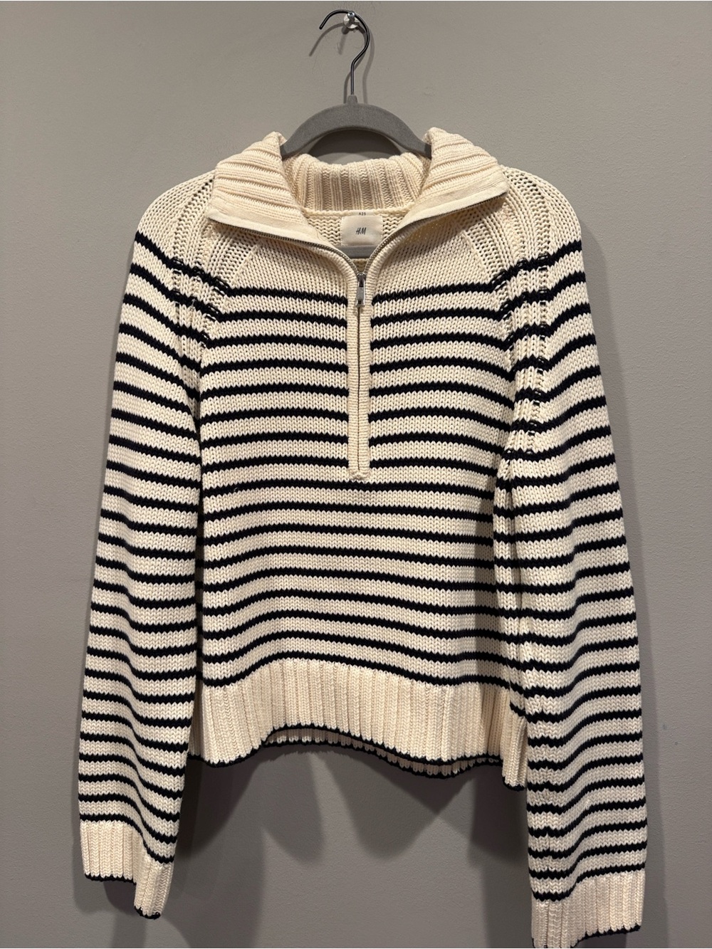 H&M Cream and Black Striped chunky knit Half-Zip Sweater- small